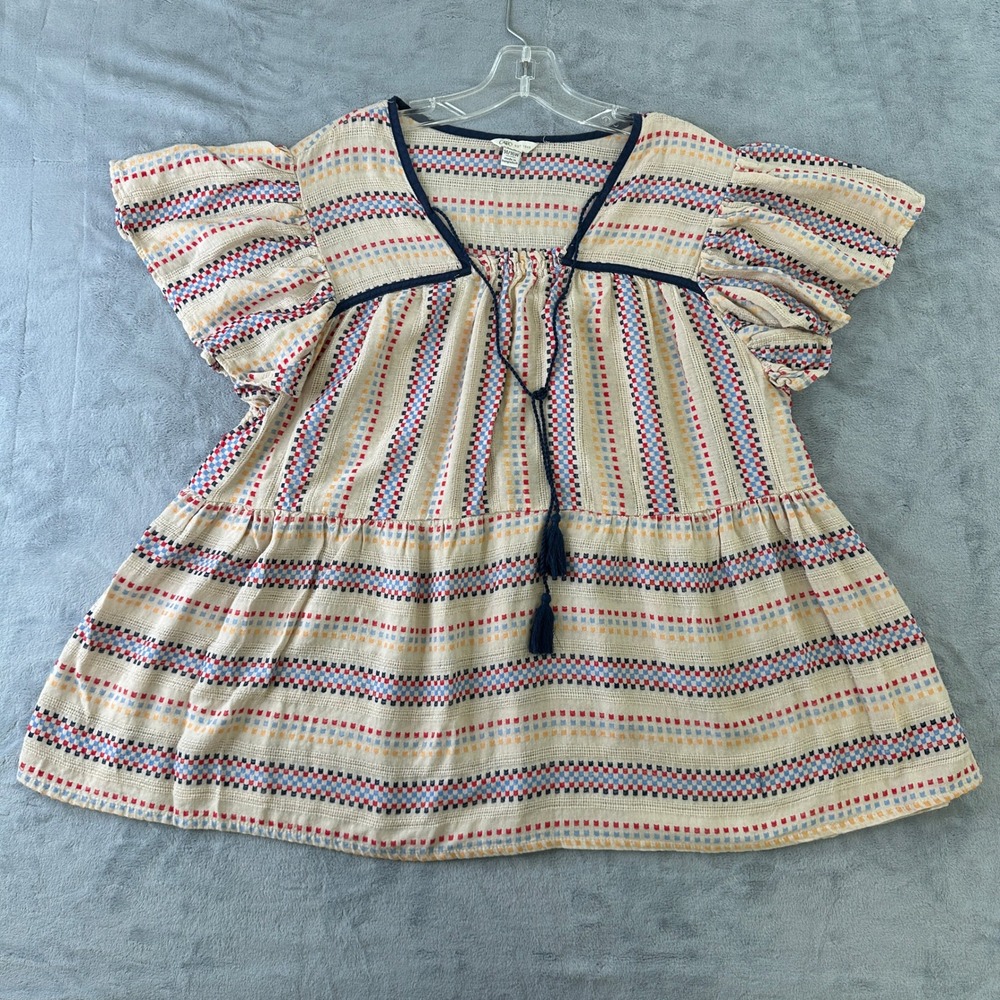 Cato Womens 14/16W Babydoll Top Tassel Flutter Sleeve Boho Geometric Stripe